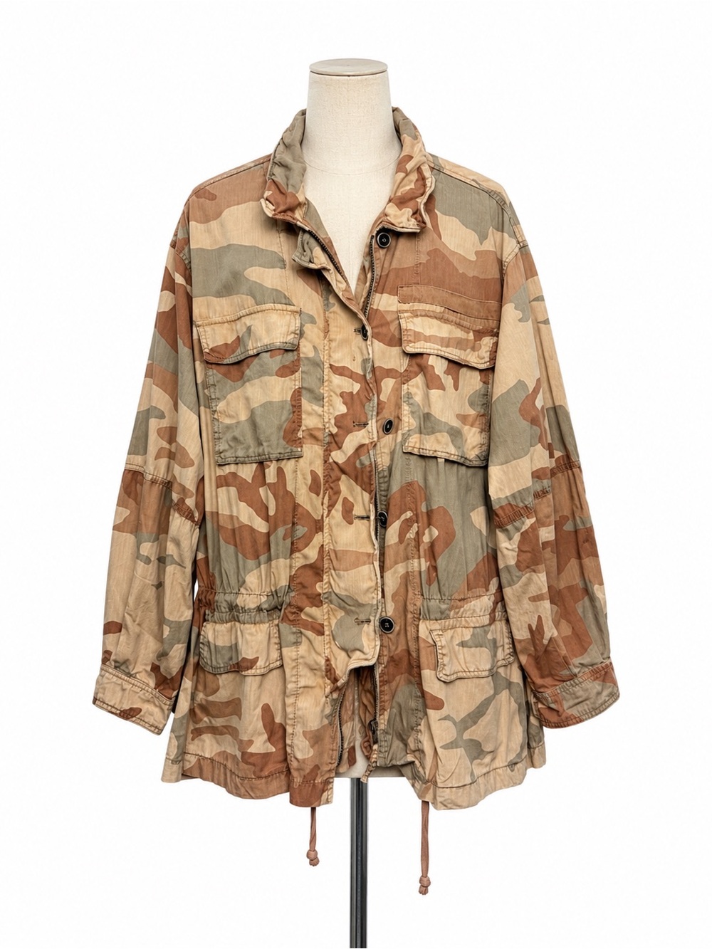 Womens Free People Camoflauge Jacket Size Large Military Button Pockets Tan